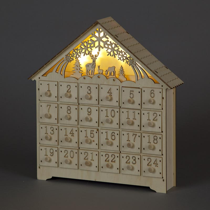 B/O 36cm Wooden Carved Advent Calendar w/8 WW LEDs TransContinental