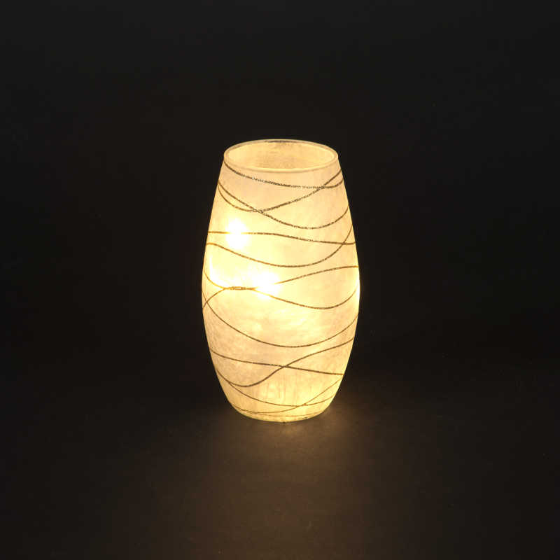 18cm Lit Glass Vase W Gold Horizontal Lines W 10 Ww Leds Trans