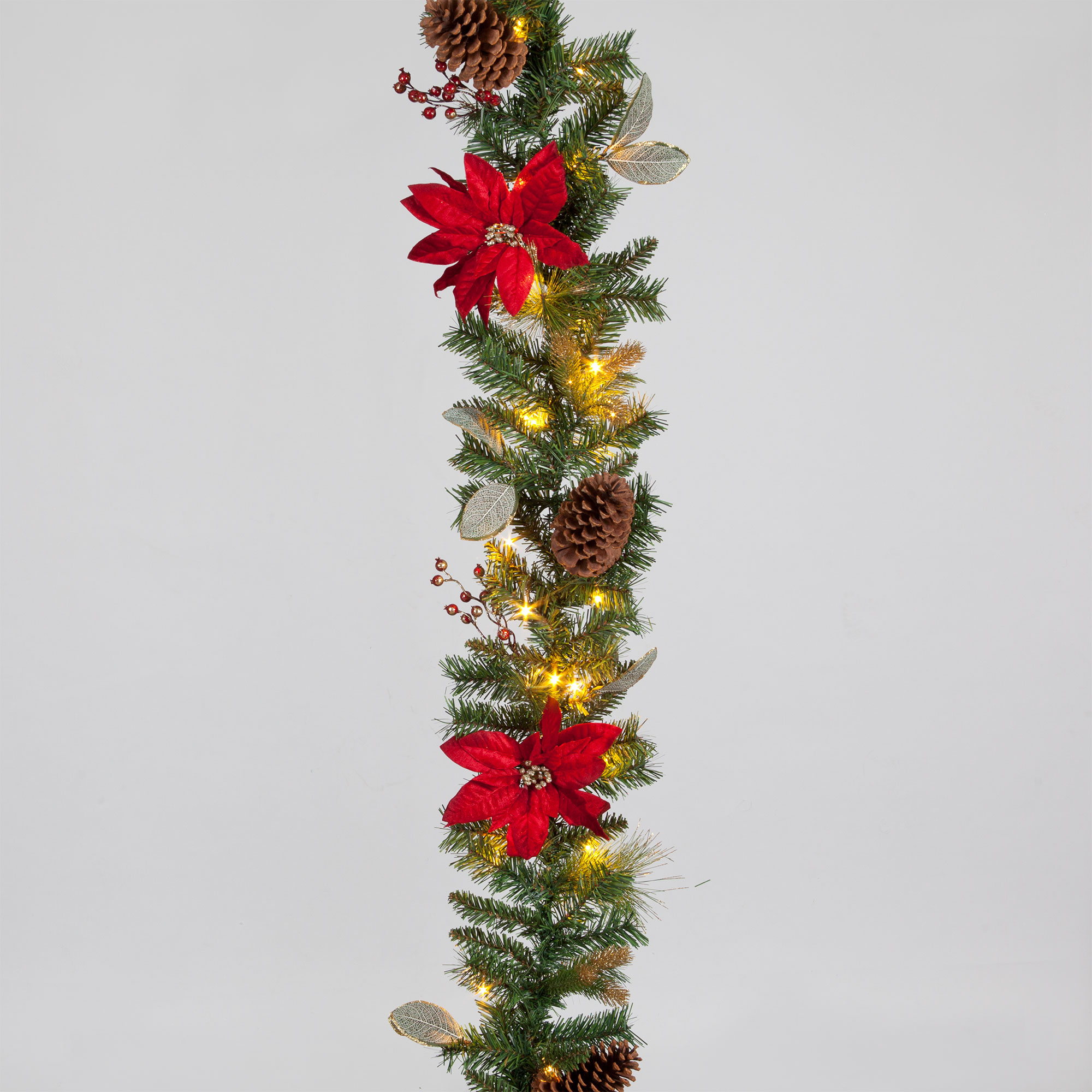 B/O 180cm Red Poinsettia Garland W/Red Berry/25 LEDs - Trans ...