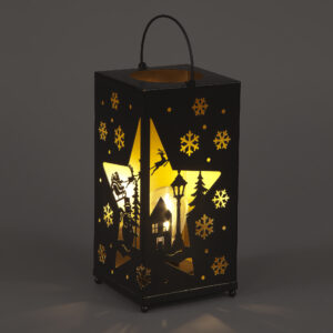 B/O 24cm Square Metal Lantern w/Christmas Scene