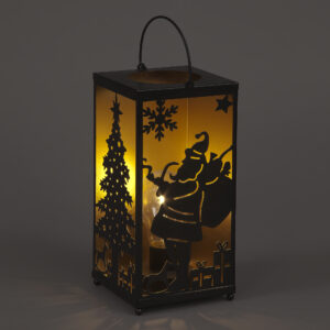 B/O 24cm Square Metal Lantern w/Santa & Tree
